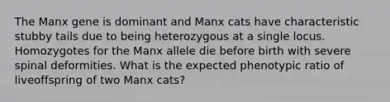 The Manx gene is dominant and Manx cats have characteristic stubby tails due to being heterozygous at a single locus. Homozygotes for the Manx allele die before birth with severe spinal deformities. What is the expected phenotypic ratio of liveoffspring of two Manx cats?