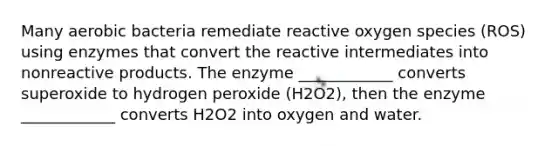 Many aerobic bacteria remediate reactive oxygen species (ROS) using enzymes that convert the reactive intermediates into nonreactive products. The enzyme ____________ converts superoxide to hydrogen peroxide (H2O2), then the enzyme ____________ converts H2O2 into oxygen and water.