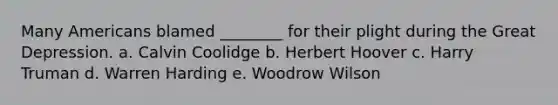 Many Americans blamed ________ for their plight during the Great Depression. a. Calvin Coolidge b. Herbert Hoover c. Harry Truman d. Warren Harding e. Woodrow Wilson
