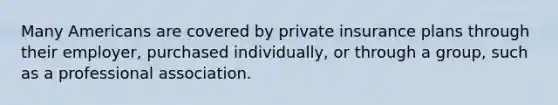 Many Americans are covered by private insurance plans through their employer, purchased individually, or through a group, such as a professional association.