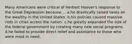 Many Americans were critical of Herbert Hoover's response to the Great Depression because.... a.he drastically raised taxes on the wealthy in the United States. b.his policies caused massive riots in cities across the nation. c.he greatly expanded the size of the federal government by creating many new social programs. d.he failed to provide direct relief and assistance to those who were most in need.