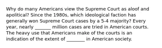 Why do many Americans view the Supreme Court as aloof and apolitical? Since the 1980s, which ideological faction has generally won Supreme Court cases by a 5-4 majority? Every year, nearly _______ million cases are tried in American courts. The heavy use that Americans make of the courts is an indication of the extent of ________ in American society.