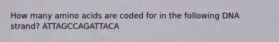 How many <a href='https://www.questionai.com/knowledge/k9gb720LCl-amino-acids' class='anchor-knowledge'>amino acids</a> are coded for in the following DNA strand? ATTAGCCAGATTACA