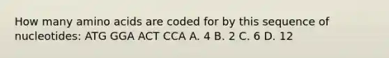 How many amino acids are coded for by this sequence of nucleotides: ATG GGA ACT CCA A. 4 B. 2 C. 6 D. 12