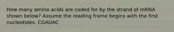 How many amino acids are coded for by the strand of mRNA shown below? Assume the reading frame begins with the first nucleotides. CGAUAC