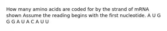 How many amino acids are coded for by the strand of mRNA shown Assume the reading begins with the first nucleotide. A U G G G A U A C A U U