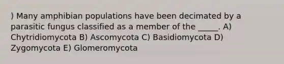 ) Many amphibian populations have been decimated by a parasitic fungus classified as a member of the _____. A) Chytridiomycota B) Ascomycota C) Basidiomycota D) Zygomycota E) Glomeromycota