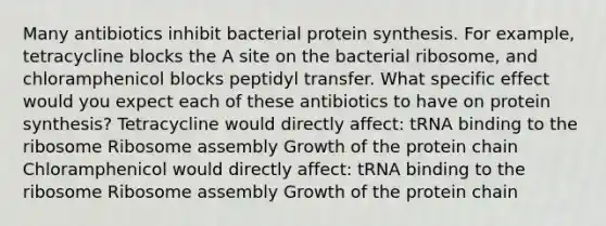 Many antibiotics inhibit bacterial protein synthesis. For example, tetracycline blocks the A site on the bacterial ribosome, and chloramphenicol blocks peptidyl transfer. What specific effect would you expect each of these antibiotics to have on protein synthesis? Tetracycline would directly affect: tRNA binding to the ribosome Ribosome assembly Growth of the protein chain Chloramphenicol would directly affect: tRNA binding to the ribosome Ribosome assembly Growth of the protein chain