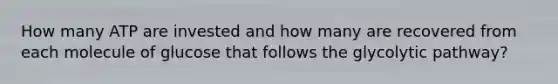 How many ATP are invested and how many are recovered from each molecule of glucose that follows the glycolytic pathway?