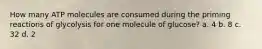 How many ATP molecules are consumed during the priming reactions of glycolysis for one molecule of glucose? a. 4 b. 8 c. 32 d. 2