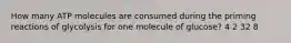 How many ATP molecules are consumed during the priming reactions of glycolysis for one molecule of glucose? 4 2 32 8