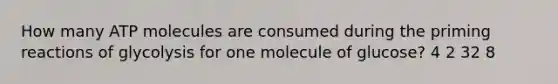 How many ATP molecules are consumed during the priming reactions of glycolysis for one molecule of glucose? 4 2 32 8