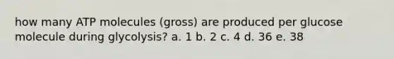 how many ATP molecules (gross) are produced per glucose molecule during glycolysis? a. 1 b. 2 c. 4 d. 36 e. 38