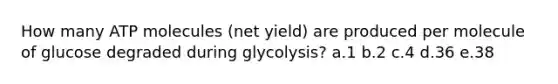 How many ATP molecules (net yield) are produced per molecule of glucose degraded during glycolysis? a.1 b.2 c.4 d.36 e.38