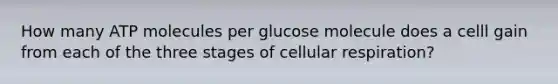 How many ATP molecules per glucose molecule does a celll gain from each of the three stages of cellular respiration?