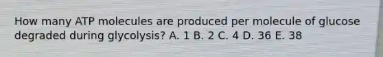 How many ATP molecules are produced per molecule of glucose degraded during glycolysis? A. 1 B. 2 C. 4 D. 36 E. 38