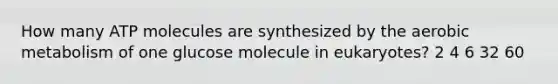 How many ATP molecules are synthesized by the aerobic metabolism of one glucose molecule in eukaryotes? 2 4 6 32 60