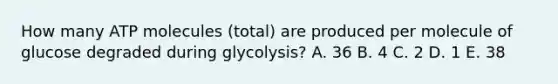 How many ATP molecules (total) are produced per molecule of glucose degraded during glycolysis? A. 36 B. 4 C. 2 D. 1 E. 38