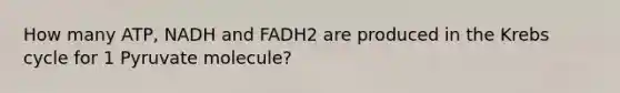 How many ATP, NADH and FADH2 are produced in the Krebs cycle for 1 Pyruvate molecule?