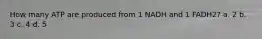 How many ATP are produced from 1 NADH and 1 FADH2? a. 2 b. 3 c. 4 d. 5