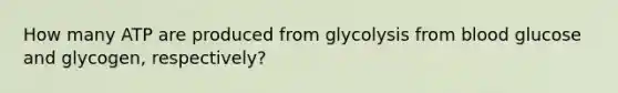 How many ATP are produced from glycolysis from blood glucose and glycogen, respectively?