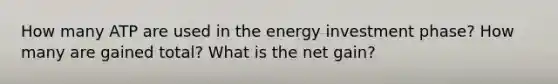 How many ATP are used in the energy investment phase? How many are gained total? What is the net gain?