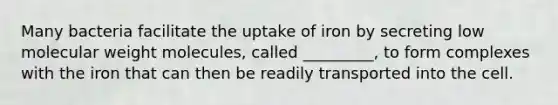 Many bacteria facilitate the uptake of iron by secreting low molecular weight molecules, called _________, to form complexes with the iron that can then be readily transported into the cell.