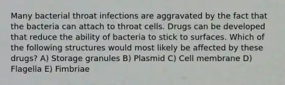 Many bacterial throat infections are aggravated by the fact that the bacteria can attach to throat cells. Drugs can be developed that reduce the ability of bacteria to stick to surfaces. Which of the following structures would most likely be affected by these drugs? A) Storage granules B) Plasmid C) Cell membrane D) Flagella E) Fimbriae