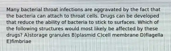 Many bacterial throat infections are aggravated by the fact that the bacteria can attach to throat cells. Drugs can be developed that reduce the ability of bacteria to stick to surfaces. Which of the following structures would most likely be affected by these drugs? A)storage granules B)plasmid C)cell membrane D)flagella E)fimbriae