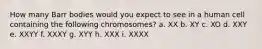 How many Barr bodies would you expect to see in a human cell containing the following chromosomes? a. XX b. XY c. XO d. XXY e. XXYY f. XXXY g. XYY h. XXX i. XXXX