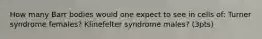 How many Barr bodies would one expect to see in cells of: Turner syndrome females? Klinefelter syndrome males? (3pts)