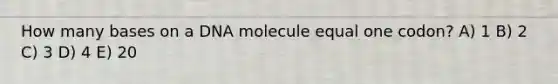 How many bases on a DNA molecule equal one codon? A) 1 B) 2 C) 3 D) 4 E) 20