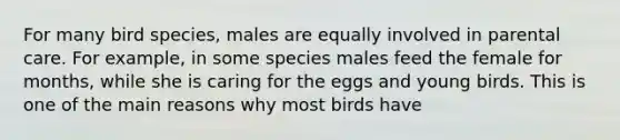 For many bird species, males are equally involved in parental care. For example, in some species males feed the female for months, while she is caring for the eggs and young birds. This is one of the main reasons why most birds have