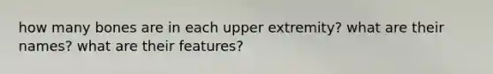 how many bones are in each upper extremity? what are their names? what are their features?