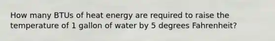 How many BTUs of heat energy are required to raise the temperature of 1 gallon of water by 5 degrees Fahrenheit?