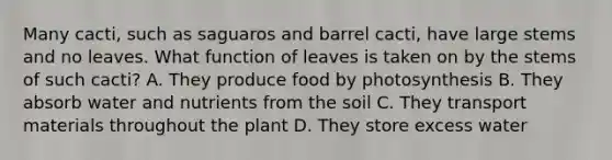 Many cacti, such as saguaros and barrel cacti, have large stems and no leaves. What function of leaves is taken on by the stems of such cacti? A. They produce food by photosynthesis B. They absorb water and nutrients from the soil C. They transport materials throughout the plant D. They store excess water