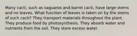 Many cacti, such as saguaros and barrel cacti, have large stems and no leaves. What function of leaves is taken on by the stems of such cacti? They transport materials throughout the plant. They produce food by photosynthesis. They absorb water and nutrients from the soil. They store excess water.