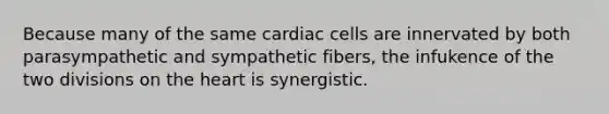 Because many of the same cardiac cells are innervated by both parasympathetic and sympathetic fibers, the infukence of the two divisions on the heart is synergistic.