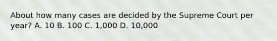 About how many cases are decided by the Supreme Court per year? A. 10 B. 100 C. 1,000 D. 10,000