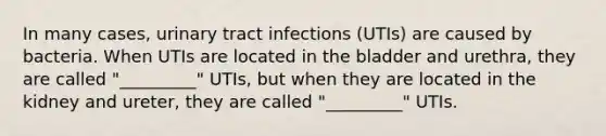 In many cases, urinary tract infections (UTIs) are caused by bacteria. When UTIs are located in the bladder and urethra, they are called "_________" UTIs, but when they are located in the kidney and ureter, they are called "_________" UTIs.