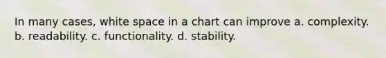 In many cases, white space in a chart can improve a. complexity. b. readability. c. functionality. d. stability.