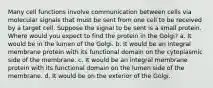 Many cell functions involve communication between cells via molecular signals that must be sent from one cell to be received by a target cell. Suppose the signal to be sent is a small protein. Where would you expect to find the protein in the Golgi? a. It would be in the lumen of the Golgi. b. It would be an integral membrane protein with its functional domain on the cytoplasmic side of the membrane. c. It would be an integral membrane protein with its functional domain on the lumen side of the membrane. d. It would be on the exterior of the Golgi.