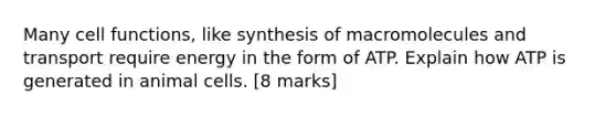 Many cell functions, like synthesis of macromolecules and transport require energy in the form of ATP. Explain how ATP is generated in animal cells. [8 marks]