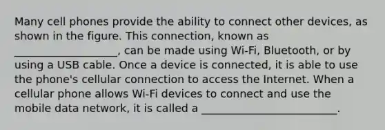 Many cell phones provide the ability to connect other devices, as shown in the figure. This connection, known as ___________________, can be made using Wi-Fi, Bluetooth, or by using a USB cable. Once a device is connected, it is able to use the phone's cellular connection to access the Internet. When a cellular phone allows Wi-Fi devices to connect and use the mobile data network, it is called a _________________________.