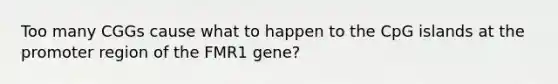 Too many CGGs cause what to happen to the CpG islands at the promoter region of the FMR1 gene?