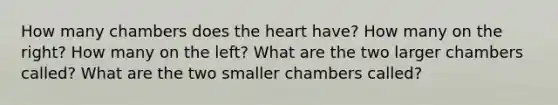 How many chambers does the heart have? How many on the right? How many on the left? What are the two larger chambers called? What are the two smaller chambers called?