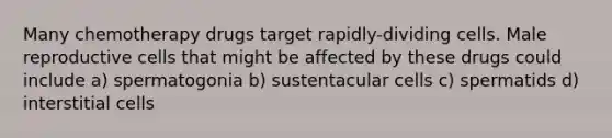 Many chemotherapy drugs target rapidly-dividing cells. Male reproductive cells that might be affected by these drugs could include a) spermatogonia b) sustentacular cells c) spermatids d) interstitial cells