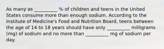 As many as __________ % of children and teens in the United States consume more than enough sodium. According to the Institute of Medicine's Food and Nutrition Board, teens between the age of 14 to 18 years should have only __________ milligrams (mg) of sodium and no more than __________ mg of sodium per day.