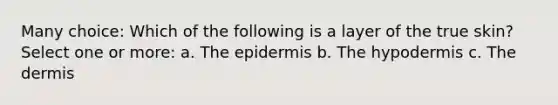 Many choice: Which of the following is a layer of the true skin? Select one or more: a. The epidermis b. The hypodermis c. The dermis