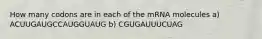 How many codons are in each of the mRNA molecules a) ACUUGAUGCCAUGGUAUG b) CGUGAUUUCUAG